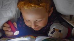 Stock image of a child reading with a torch beneath his bed covers